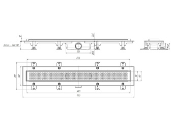 Трап линейный пластиковый АНИ Пласт TL1665M выпуск 40 мм, решётка Корн матовая нержавеющая сталь 650 мм