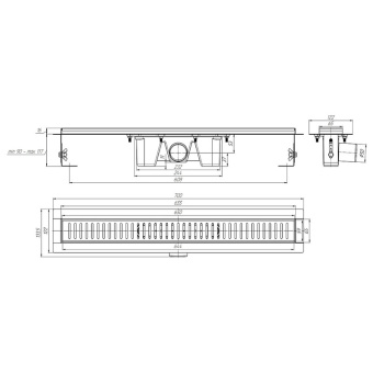 Трап линейный из нержавеющей стали АНИ Пласт TLZ2465M DN50 с комбинированным затвором матовой решёткой Бимс 650х65 мм