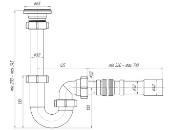 Сифон для раковины АНИ Пласт DB1015 1 1/4 дюйма 32 мм прямоточный с гибкой трубой 32х32/40 мм