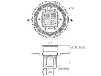 Трап вертикальный регулируемый АНИ Пласт THA5702 50 мм с решеткой из нержавеющей стали 100х100 мм