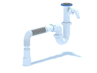 Сифон для мойки АНИ Пласт D2015 1 1/2 дюйма 40 мм прямоточный с литым выпуском с отводом для стиральной машины и гибкой трубой 40х40/50 мм