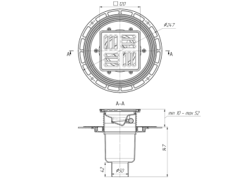 Трап для душа АНИ Пласт THQ5714M DN50 вертикальный регулируемый с сухим затвором, решёткой и обрешёткой из нержавеющей стали 120х120 мм