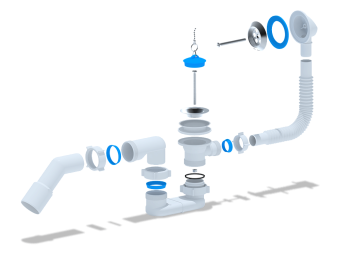 Сифон для ванны АНИ Пласт E051 1 1/2 дюйма плоский с переливом и переходной трубой 45 градусов 40х50 мм