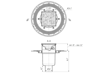 Трап для душа АНИ Пласт THQ5702 DN50 вертикальный регулируемый с сухим затвором и решёткой из нержавеющей стали 100х100 мм