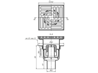 Трап вертикальный регулируемый АНИ Пласт TA5716 выпуск 50 мм с решеткой из чугуна 150х150 мм