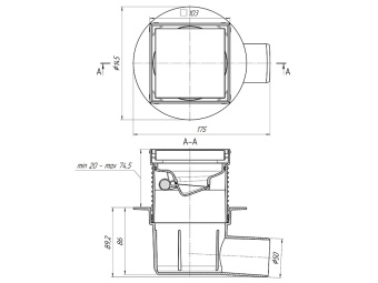 Трап для душа АНИ Пласт TQ5802 DN50 горизонтальный регулируемый с сухим затвором и решёткой из нержавеющей стали 100х100 мм под плитку