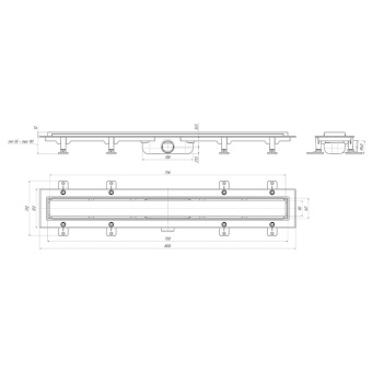 Трап линейный пластиковый АНИ Пласт TLQ1175M DN40 с сухим затвором и матовой решёткой Штиль 750х62 мм