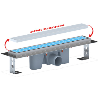 Трап линейный из нержавеющей стали АНИ Пласт TLZ2045 DN50 с комбинированным затвором матовой решёткой под плитку МОЛ 450х65 мм