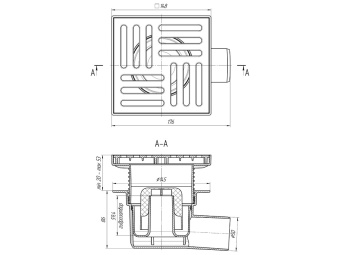 Трап горизонтальный регулируемый АНИ Пласт TA5610 выпуск 50 мм с решеткой из пластика 150х150 мм