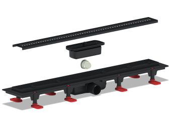 Трап линейный пластиковый АНИ Пласт TL1265BL выпуск 40 мм решётка Риф чёрная нержавеющая сталь 650 мм