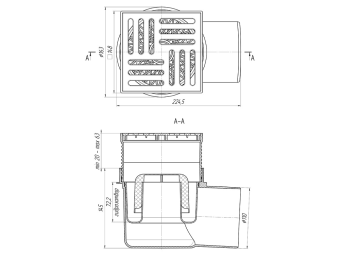 Трап для душа АНИ Пласт TA1610 горизонтальный регулируемый с выпуском 110 мм и пластиковой решеткой 150х150 мм