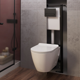 Набор инсталляции 40 см АНИ Пласт WN4 1433 Art с безободковым унитазом, с сиденьем микролифт, с прямоугольной черной клавишей WP1433