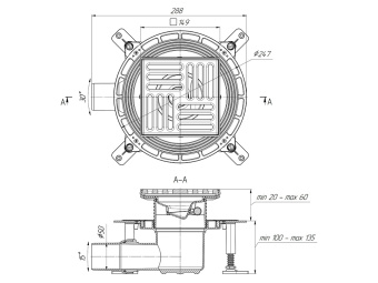 Трап для душа АНИ Пласт THQ5616 DN50 горизонтальный регулируемый с сухим затвором и решёткой из чугуна 150х150 мм