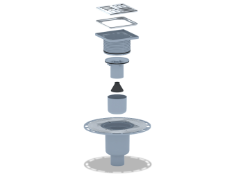Трап для душа АНИ Пласт THZ5714M DN50 высокий вертикальный регулируемый с комбинированным затвором, с решёткой и обрешеткой из нержавеющей стали 120х120 мм