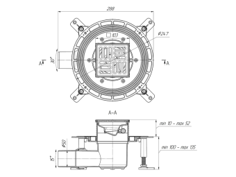 Трап для душа АНИ Пласт THQ5602 DN50 горизонтальный регулируемый с сухим затвором и решёткой из нержавеющей стали 100х100 мм