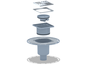 Трап для душа АНИ Пласт THQ5714M DN50 вертикальный регулируемый с сухим затвором, решёткой и обрешёткой из нержавеющей стали 120х120 мм